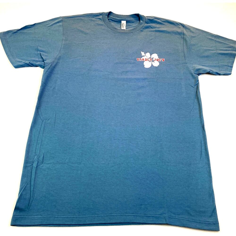 Trader Joe's T-Shirt Blue Front/Back Hibiscus Logo Size Medium